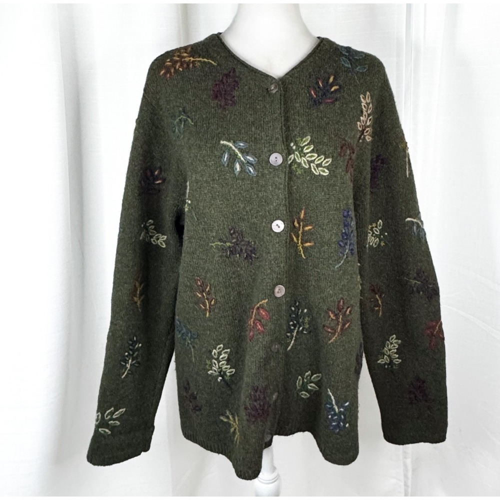 Vintage Eagle's Eye Wool Cardigan Sweater Womens XL Green Embroidered Leaves 90s